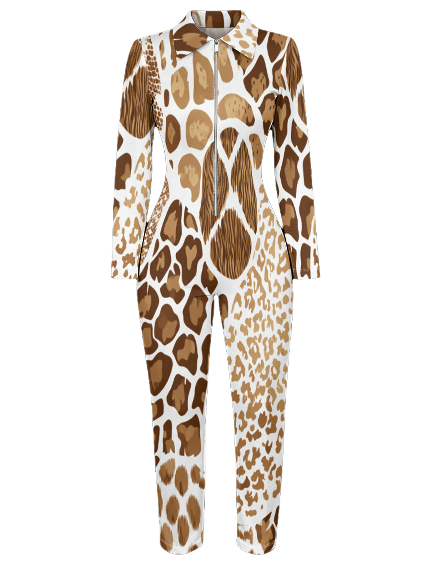 Mixed Leopard Print Long Sleeve Zip-Up Jumpsuit