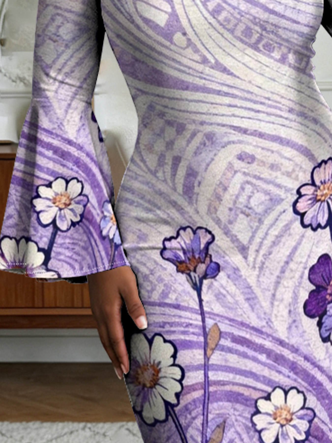 Purple Geometric Floral Flare Sleeve Bodycon Midi Dress HGF630