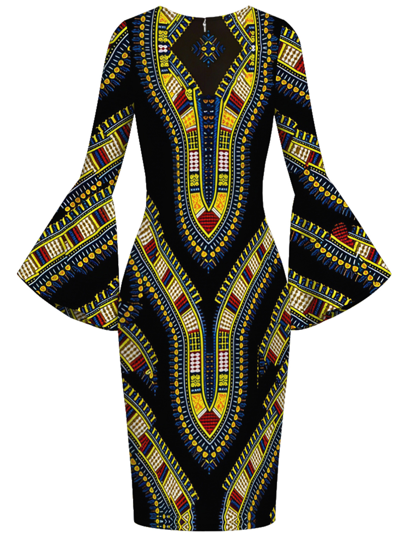 Black Dashiki Flare Sleeve Bodycon Midi Dress