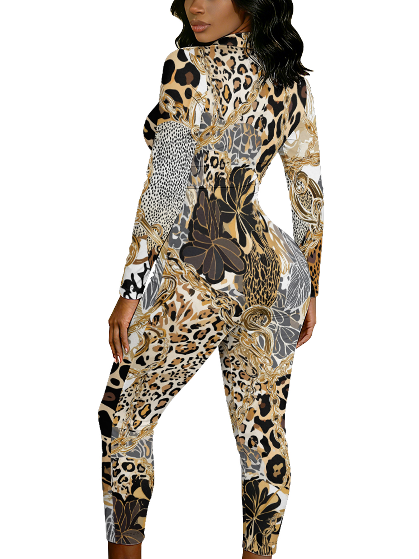 Leopard & Gold Chain Long Sleeve Zip-Up Jumpsuit 