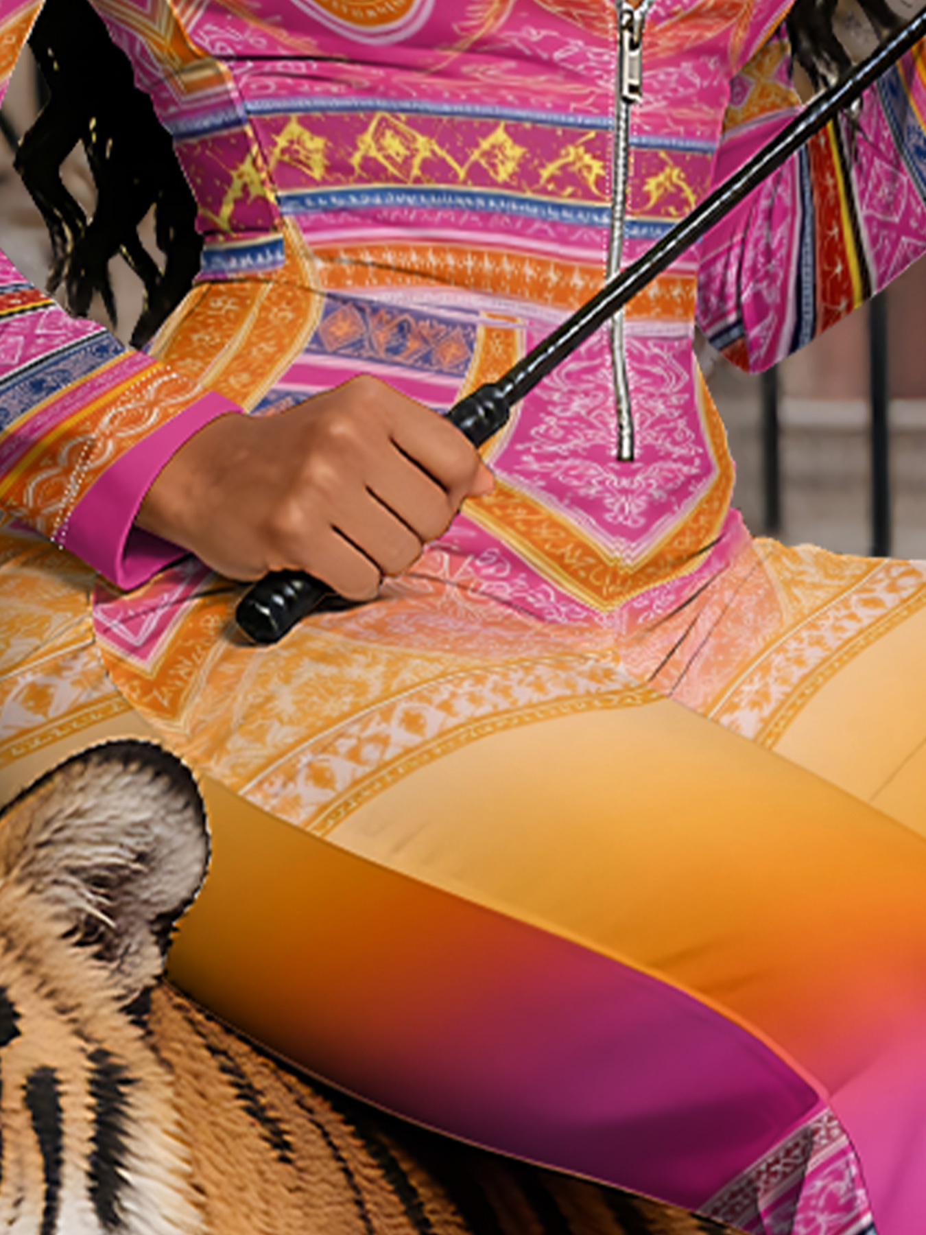 Pink Orange Boho Tribal Long Sleeve Zip-Up Jumpsuit 