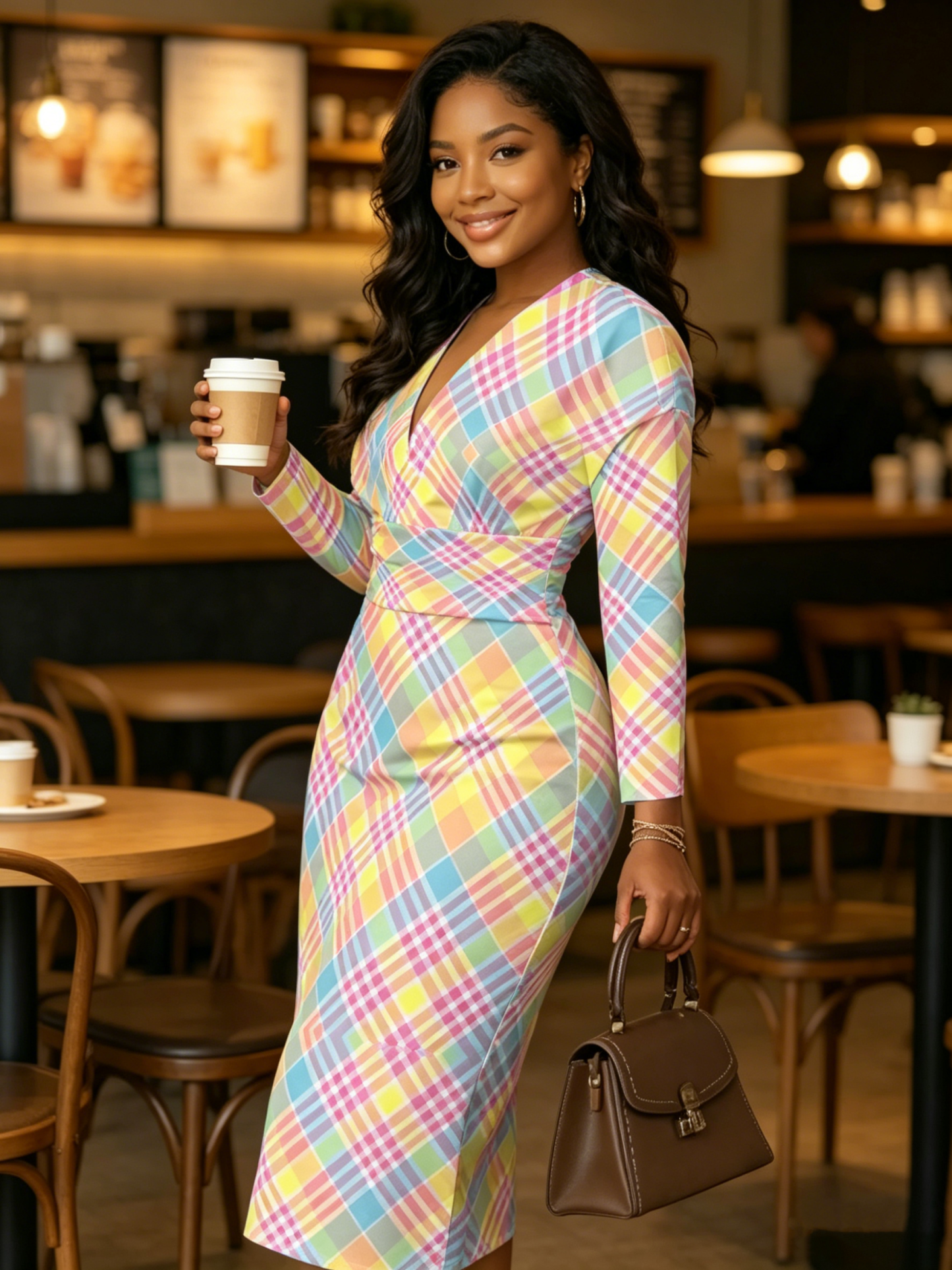 Pastel Plaid V-Neck Bodycon Midi Dress