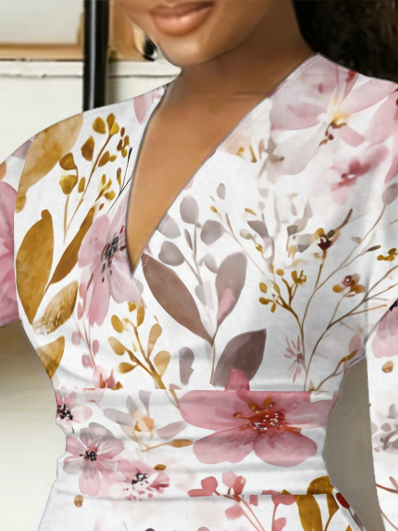 Watercolor Blush Floral V-Neck Bodycon Midi Dress CIT3571