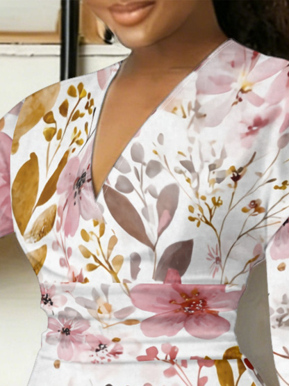 Watercolor Blush Floral V-Neck Bodycon Midi Dress CIT3571