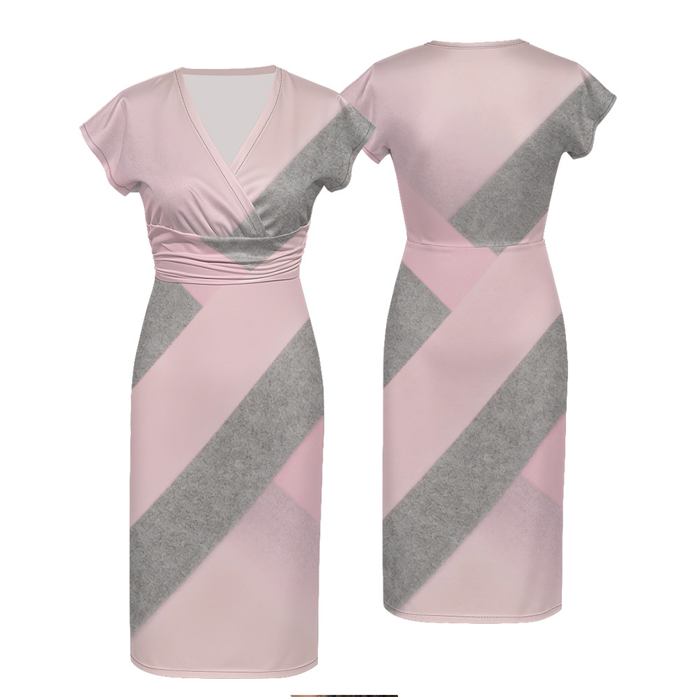 Pink & Gray Colorblock Cap Sleeve V-Neck Midi Dress ABD124