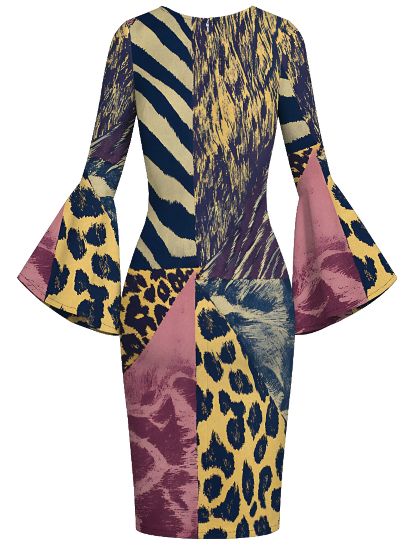 Mixed Animal Flare Sleeve Bodycon Midi Dress EFG4786