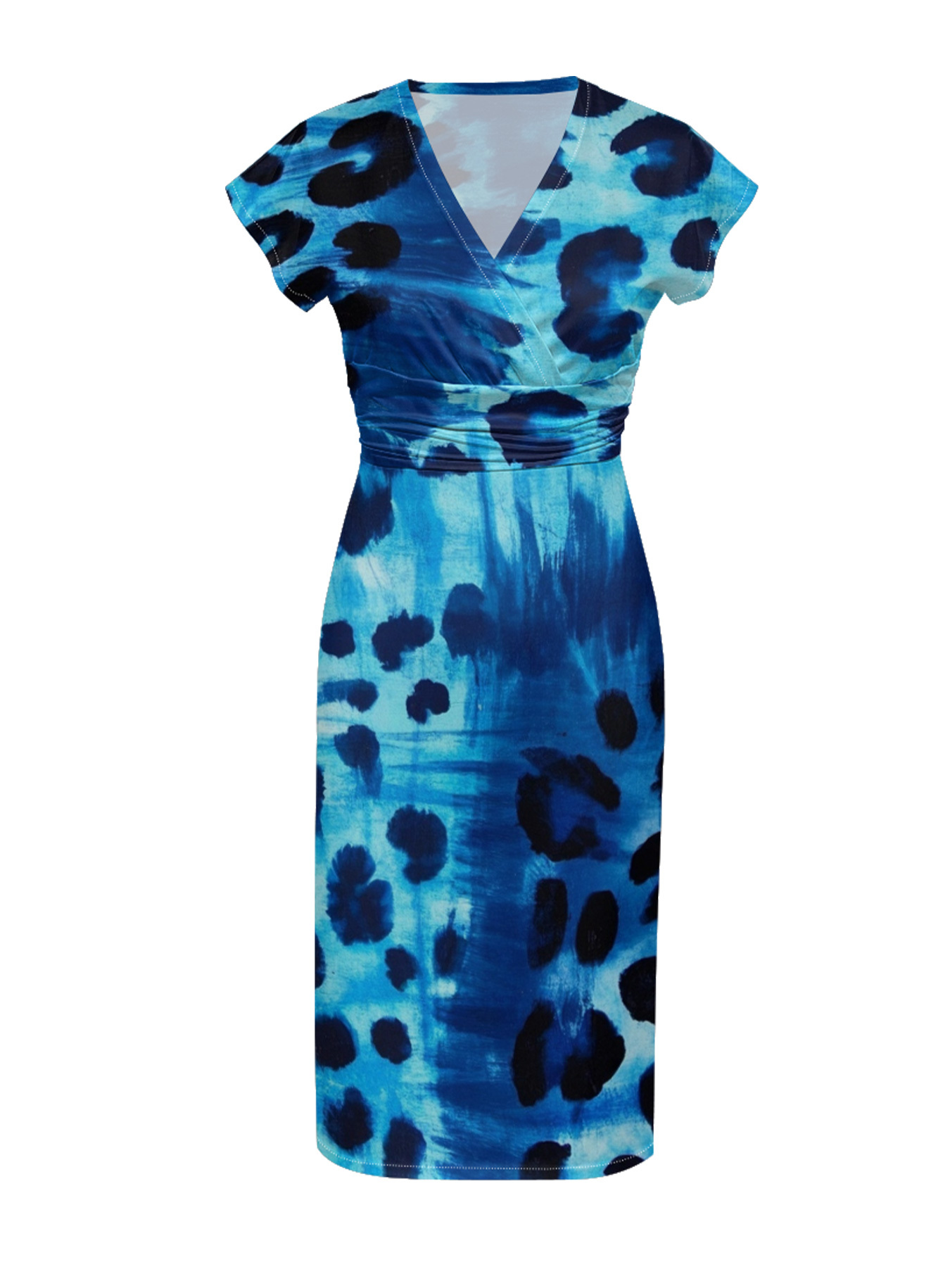 Blue Tie-Dye Cap Sleeve V-Neck Midi Dress IUJH31132