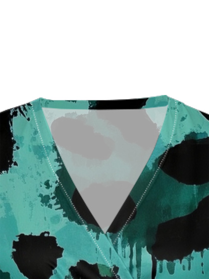 Mint & Black Abstract Ink Wrap Cap Sleeve V-Neck Midi Dress IUYU811