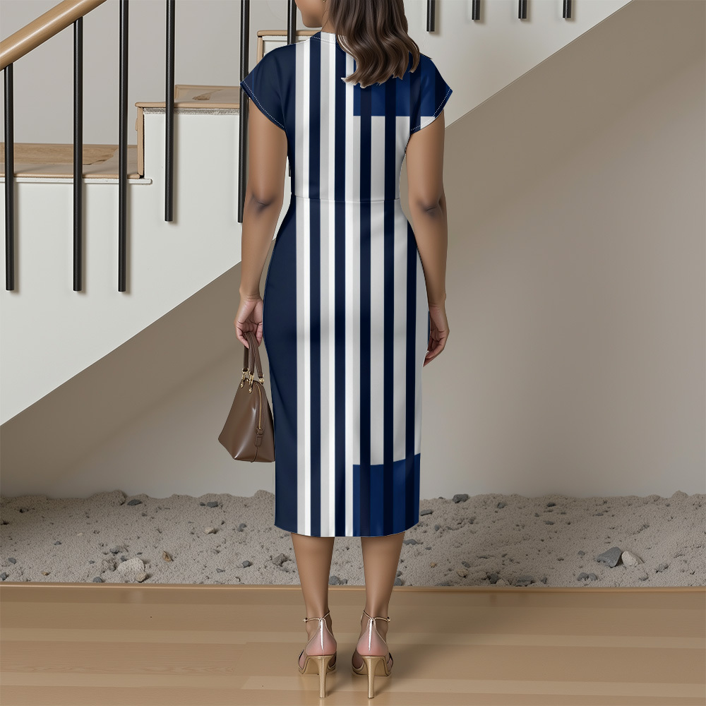 Navy Blue & White Striped Cap Sleeve V-Neck Midi Dress ABF126