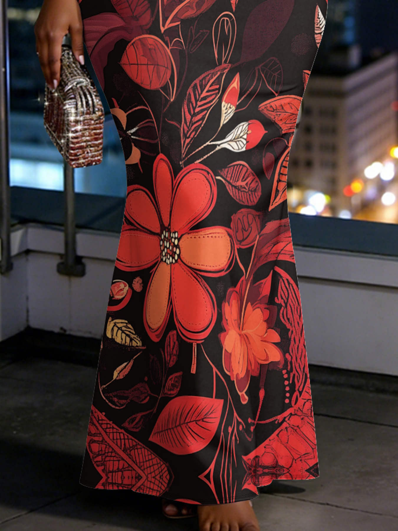 Black & Red Abstract Floral Spaghetti Strap Mermaid Dress FHJ6420