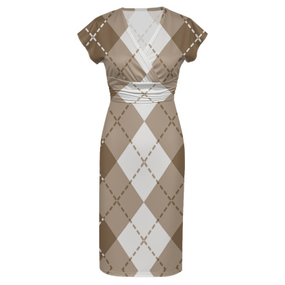 Beige & White Argyle Cap Sleeve V-Neck Midi Dress ZYT918