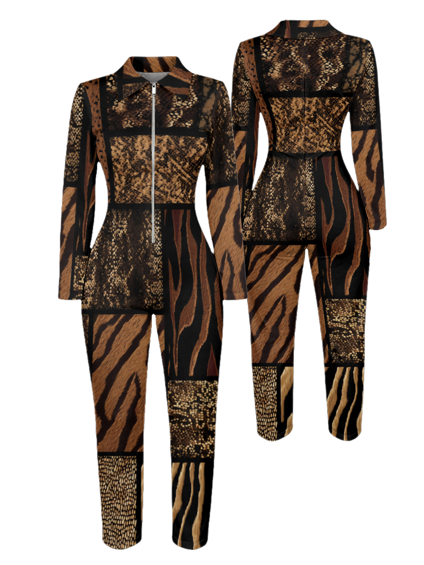 Mixed Animal Print Long Sleeve Zip-Up Jumpsuit