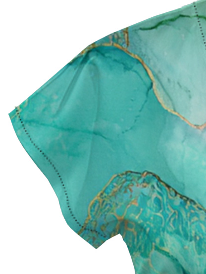 Teal & Gold Marble Cap Sleeve V-Neck Midi Dress OIJUY8624