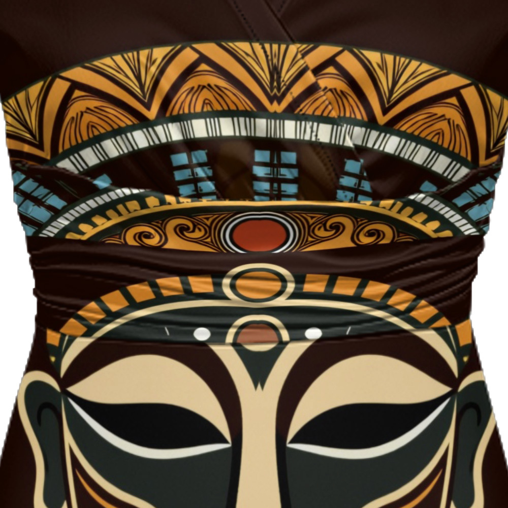 African Mask Cap Sleeve V-Neck Midi Dress ABE975