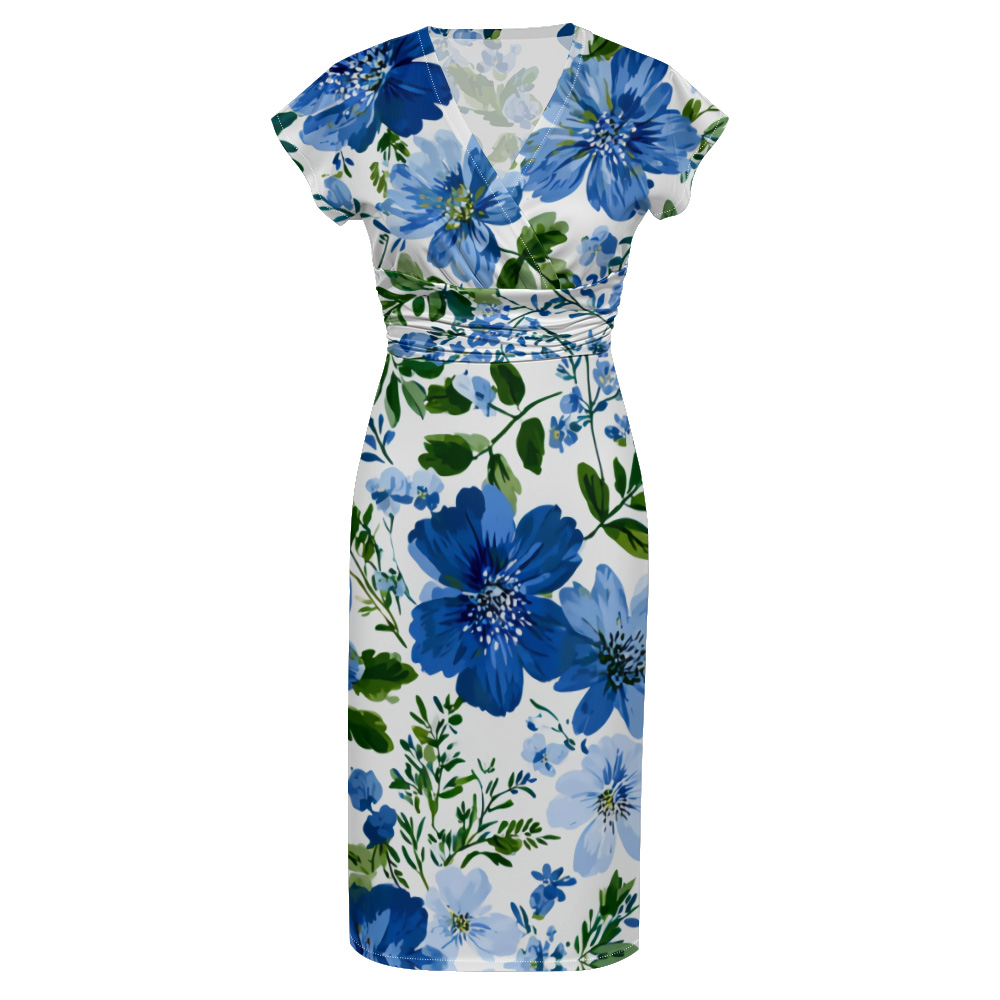 Blue Floral Watercolor Stripe Striped Cap Sleeve V-Neck Midi Dress ADG148