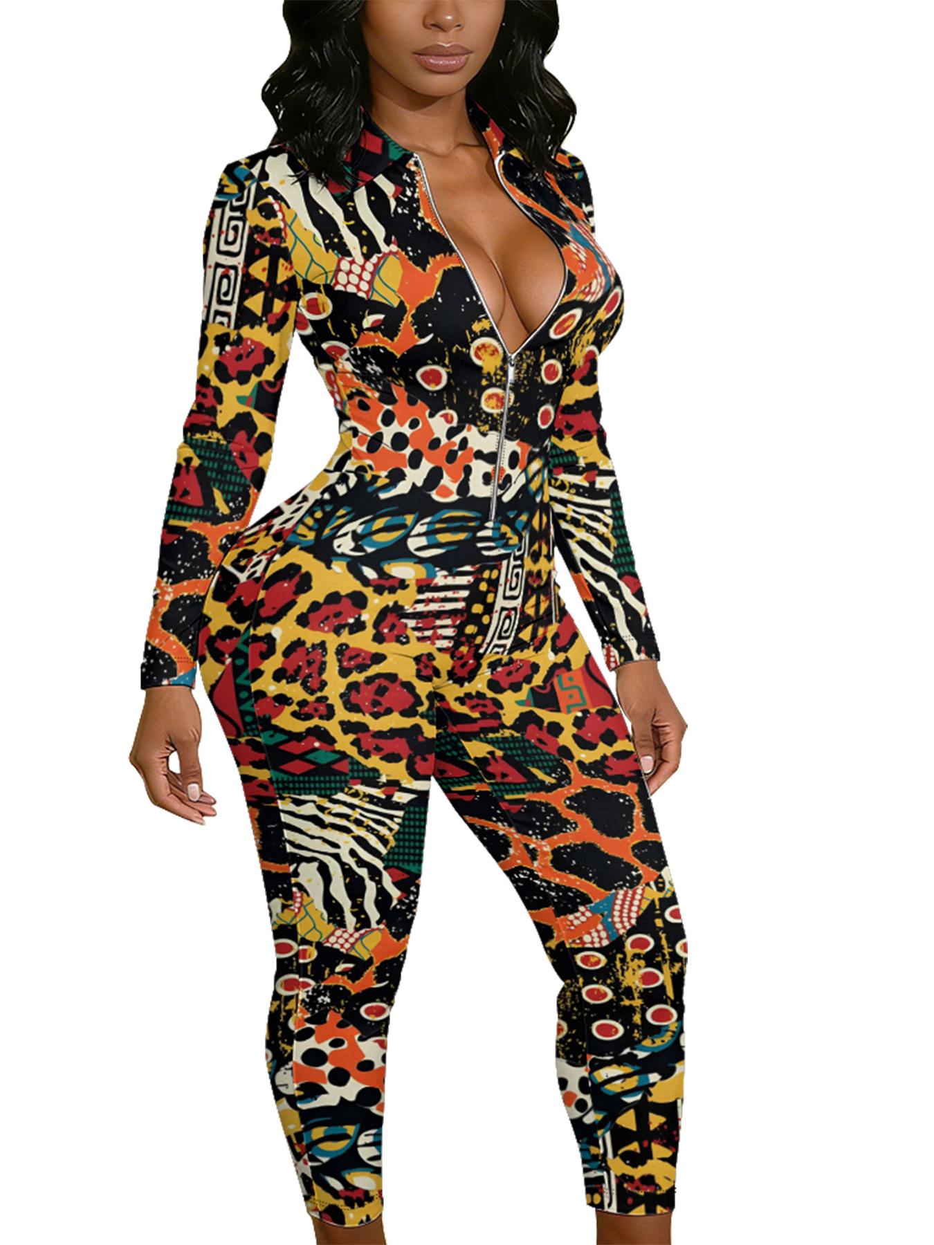 Multicolor Tribal Animal Long Sleeve Zip-Up Jumpsuit 