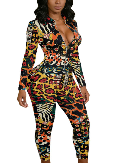 Multicolor Tribal Animal Long Sleeve Zip-Up Jumpsuit 