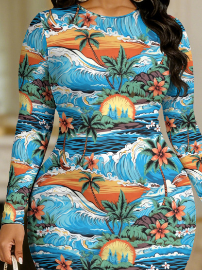 Tropical Beach Round Sleeve Neck Long Bodycon Dress
