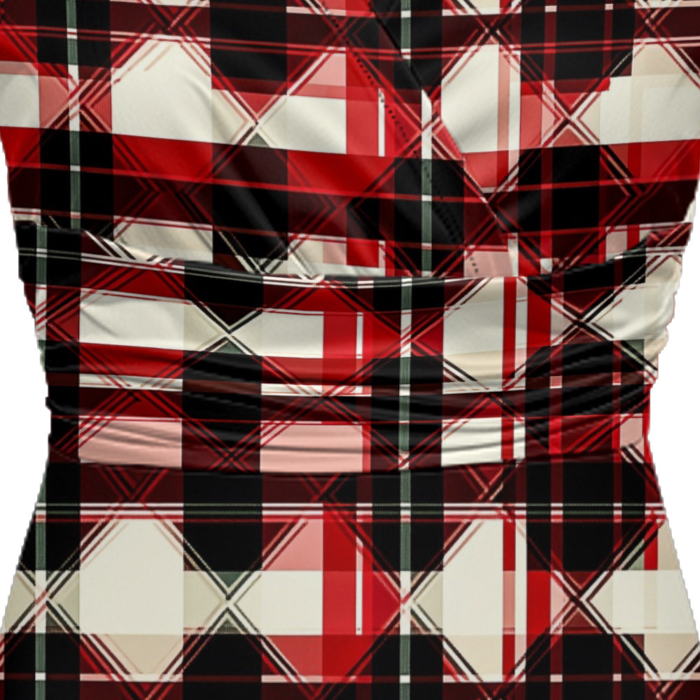 Red & Black Plaid Cap Sleeve V-Neck Midi Dress ZYR906