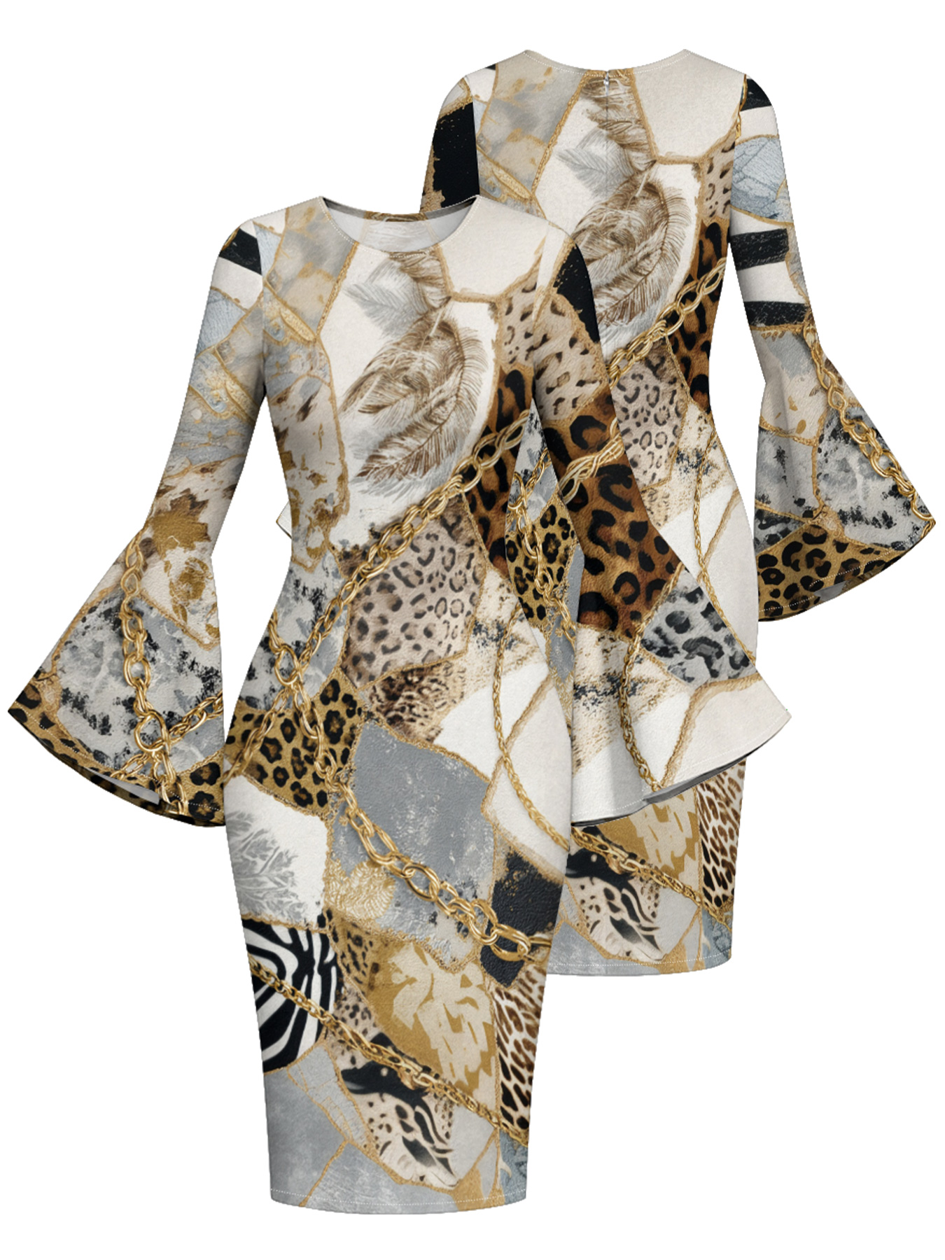 Luxury Patchwork Animal Flare Sleeve Bodycon Midi Dress GHI2564