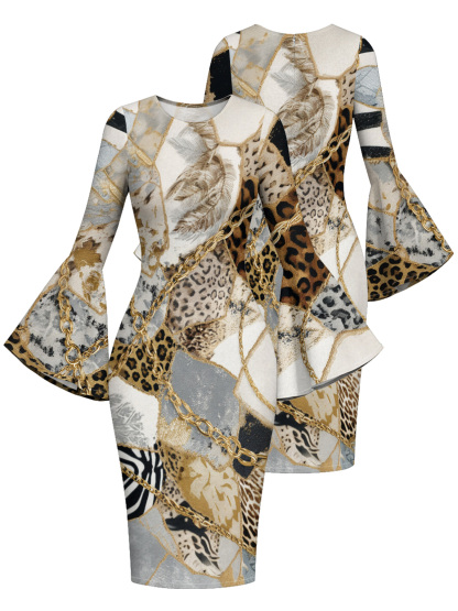 Luxury Patchwork Animal Flare Sleeve Bodycon Midi Dress GHI2564