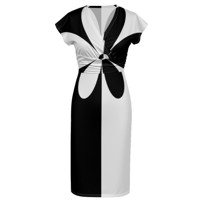 Black & White Floral Cap Sleeve V-Neck Midi Dress