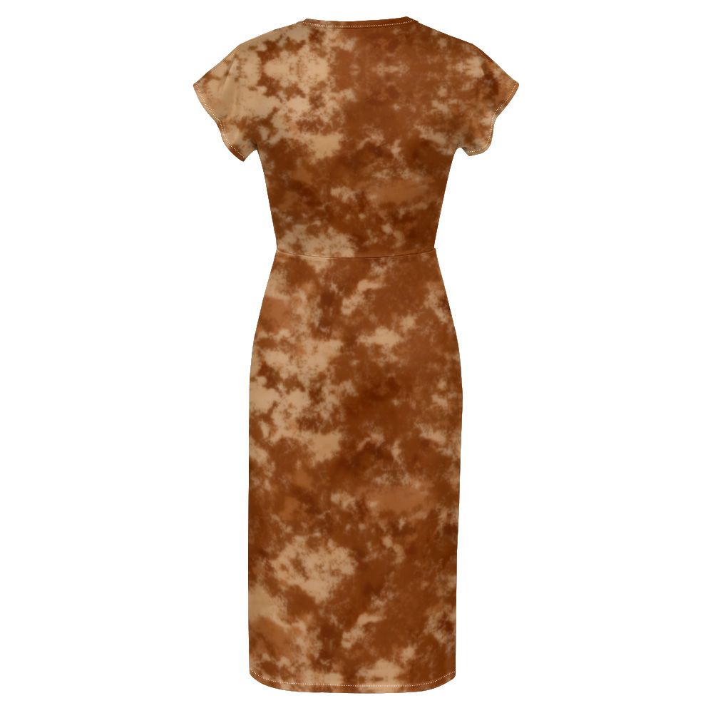 Brown Tie-Dye Cap Sleeve V-Neck Midi Dress GKPT291