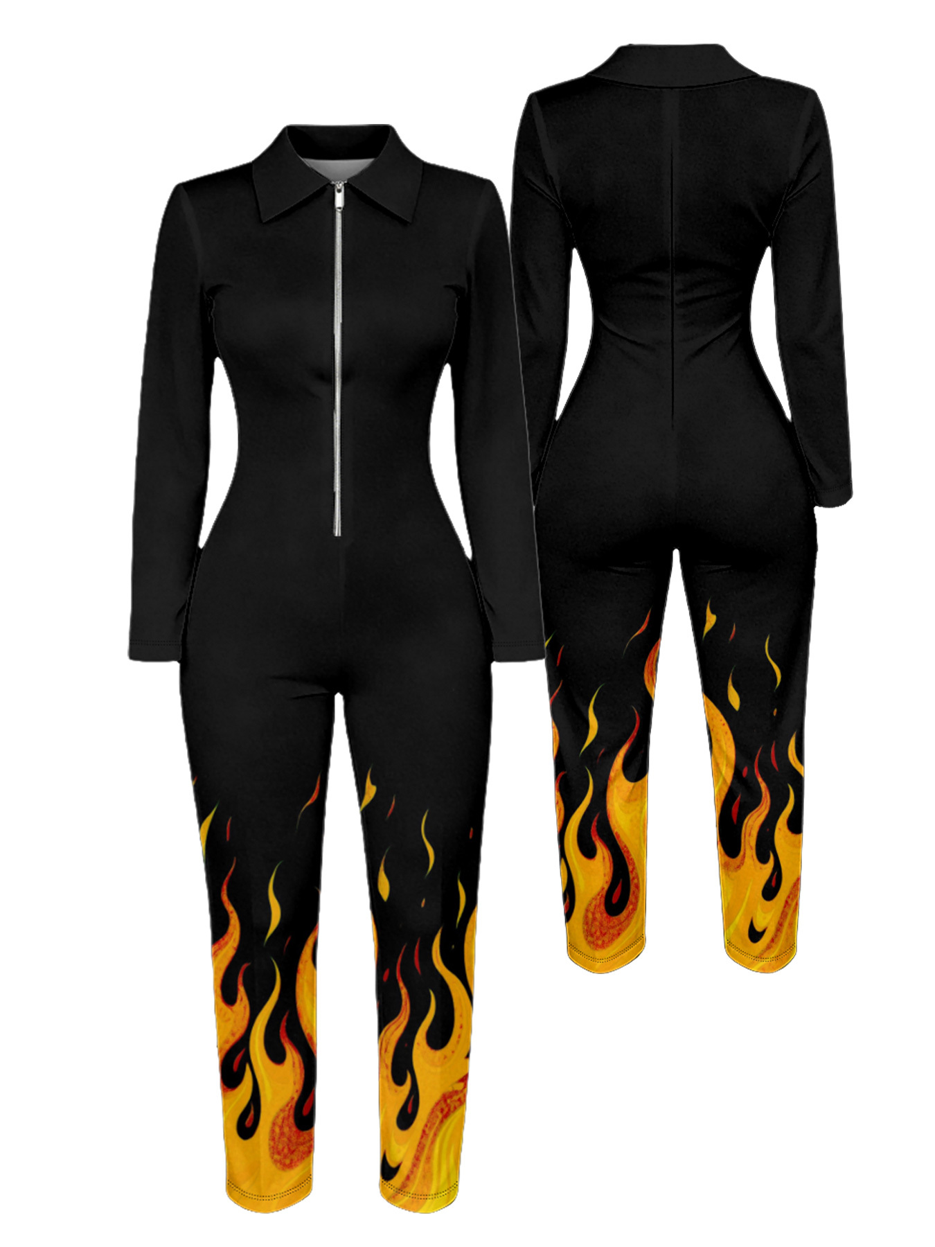 Black & Flame Long Sleeve Zip-Up Jumpsuit 