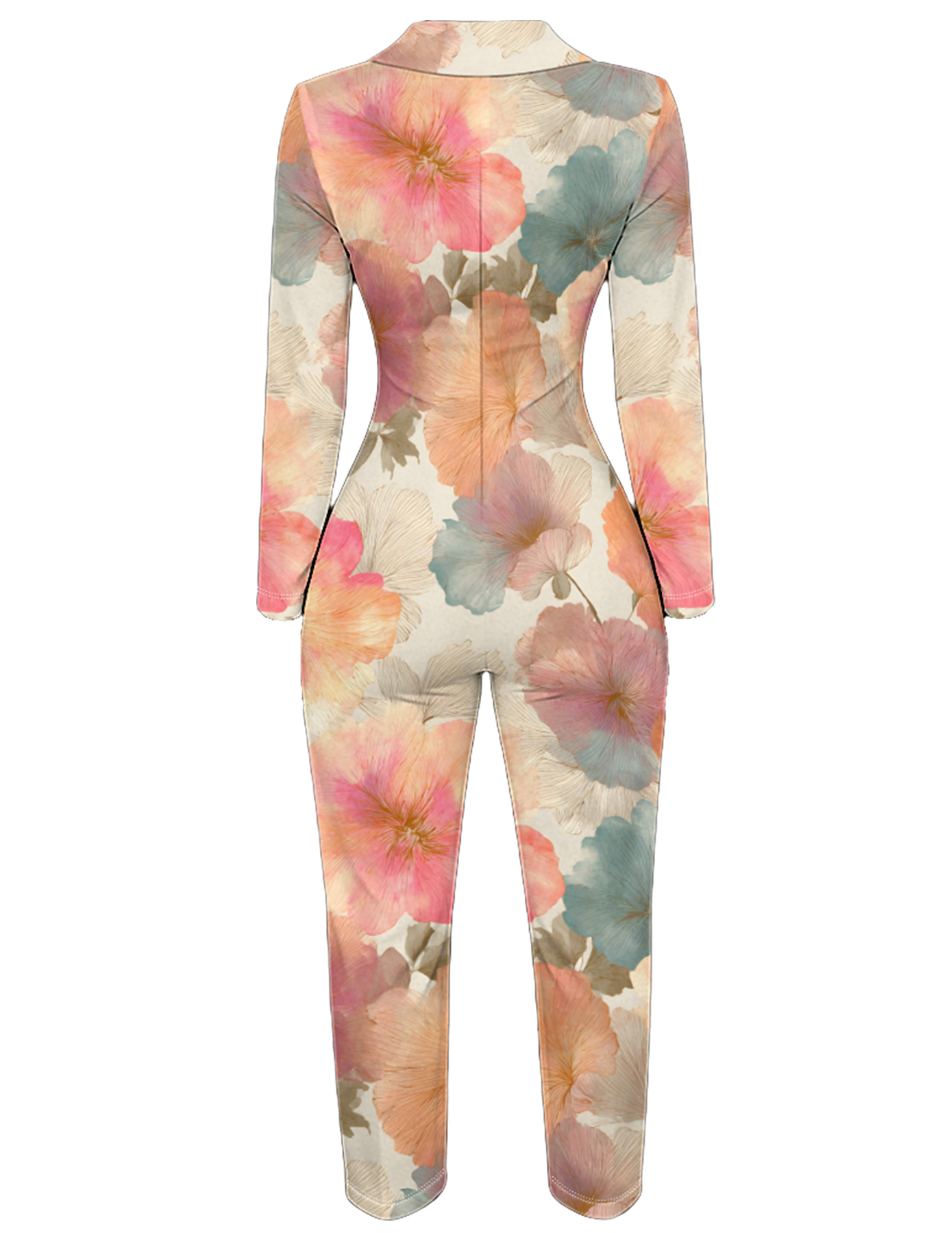 Watercolor Floral Long Sleeve Zip-Up Jumpsuit