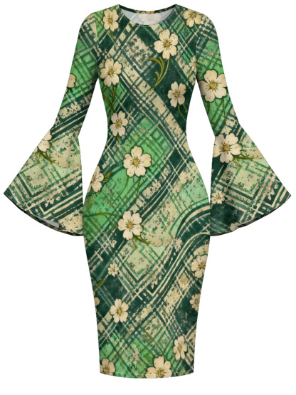 Green Plaid Floral Flare Sleeve Bodycon Midi Dress DCB840