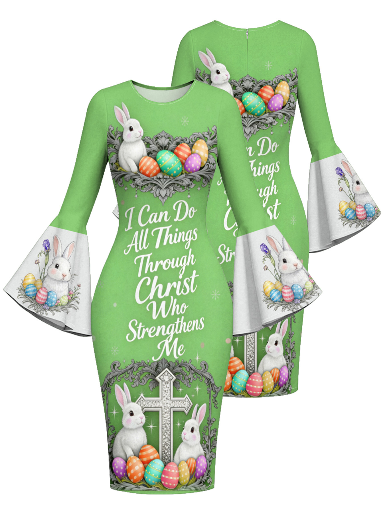 Fresh Green Easter Bunny Cross Easter Flare Sleeve Bodycon Midi Dress