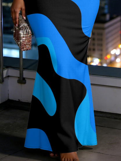 Black Blue Wave Spaghetti Strap Mermaid Dress