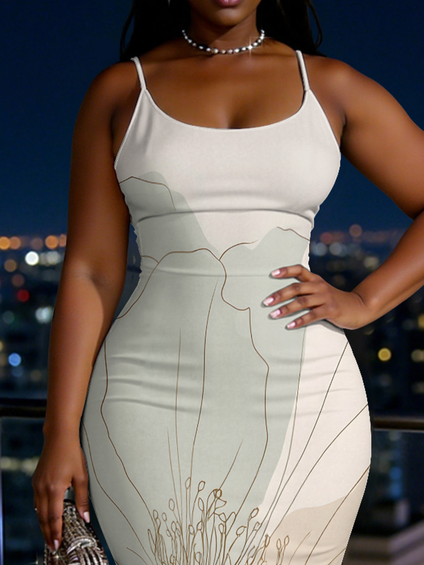 Beige Floral Line Art Spaghetti Strap Mermaid Dress