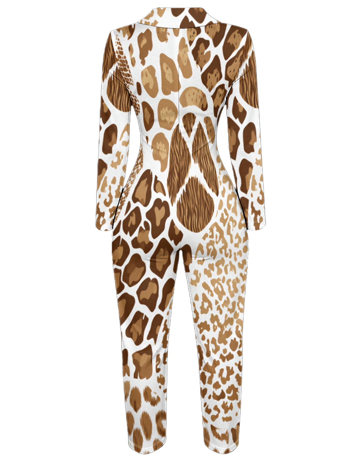 Mixed Leopard Print Long Sleeve Zip-Up Jumpsuit