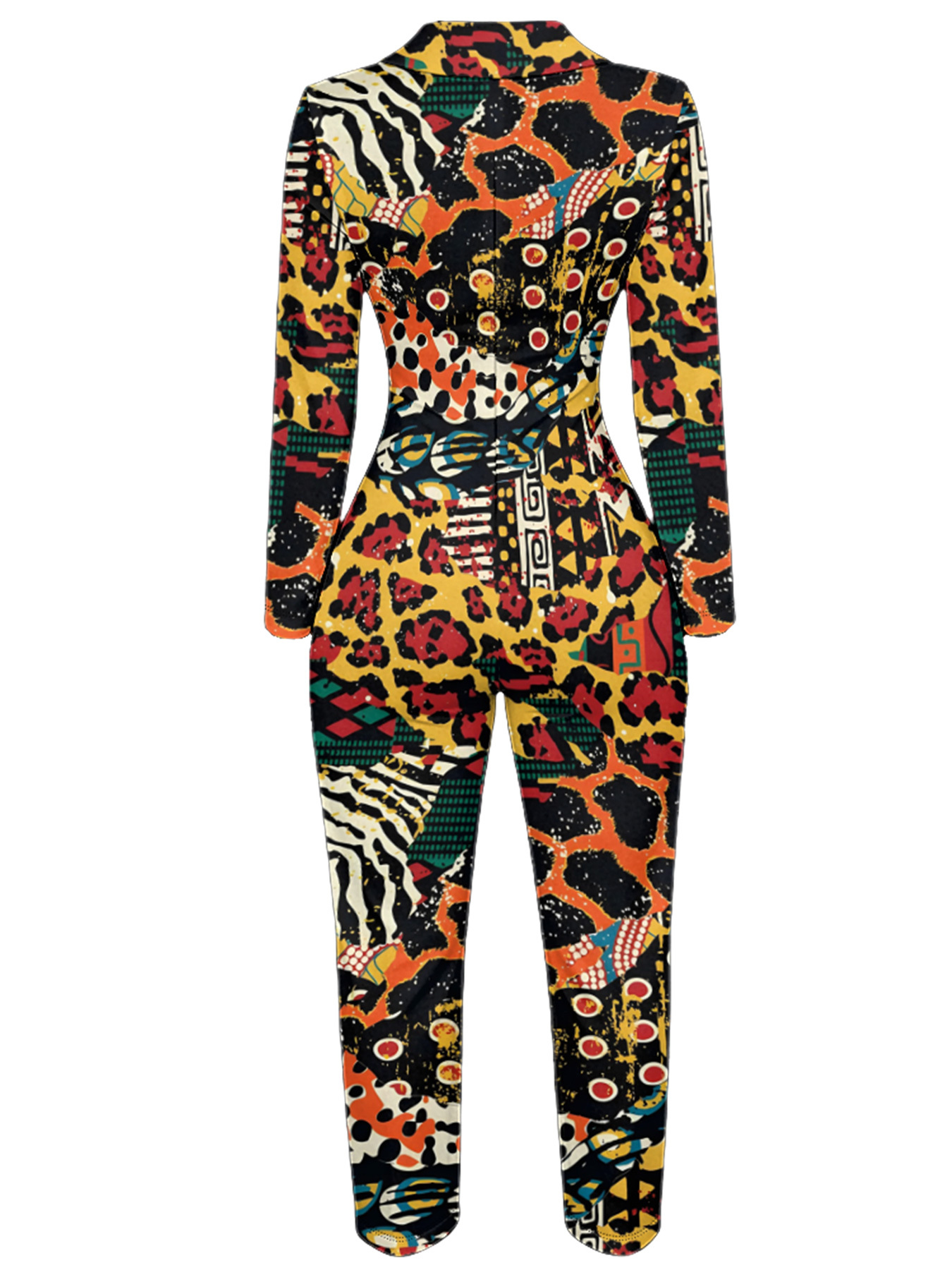 Multicolor Tribal Animal Long Sleeve Zip-Up Jumpsuit 