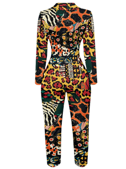 Multicolor Tribal Animal Long Sleeve Zip-Up Jumpsuit 