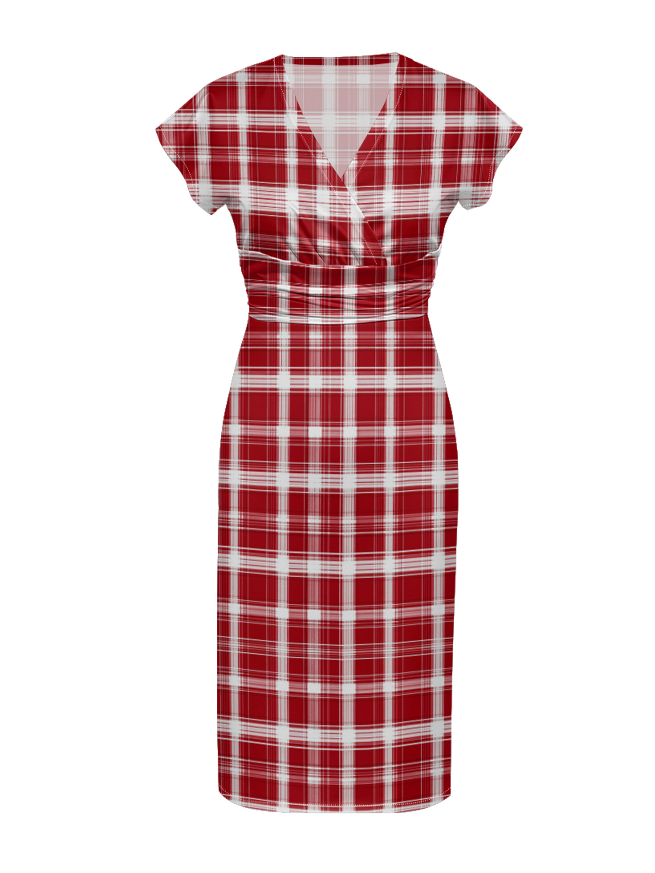 Red Plaid Cap Sleeve V-Neck Midi Dress