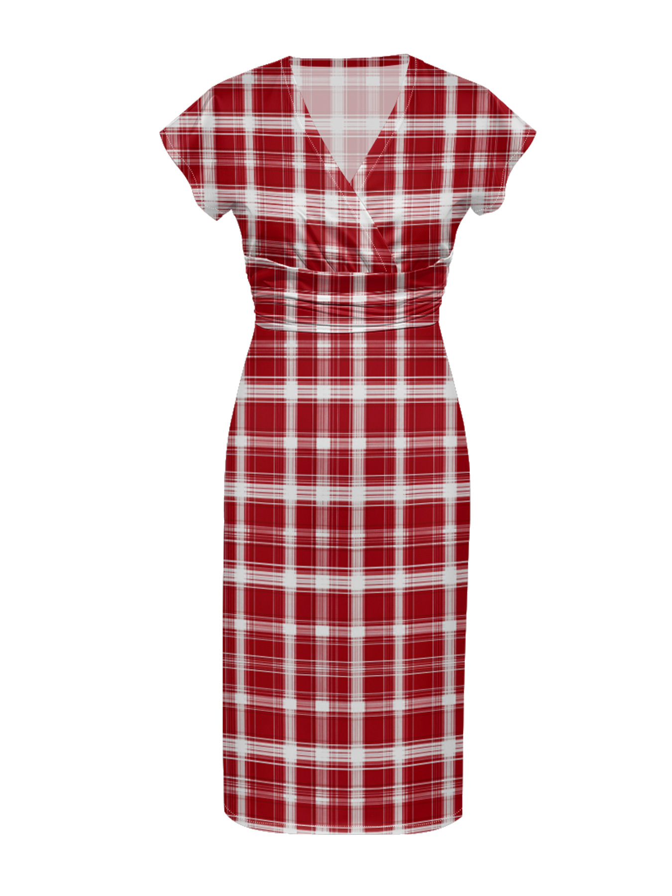 Red Plaid Cap Sleeve V-Neck Midi Dress