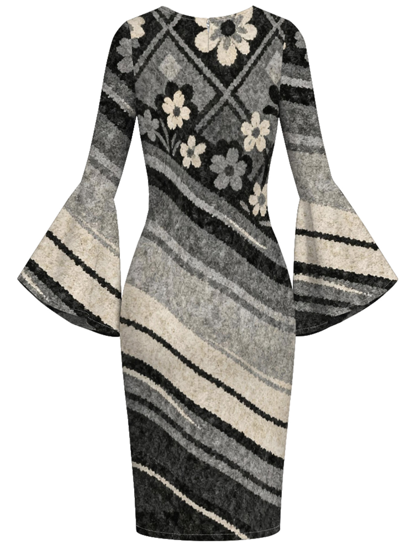 Grey Floral Flare Sleeve Bodycon Midi Dress PON420