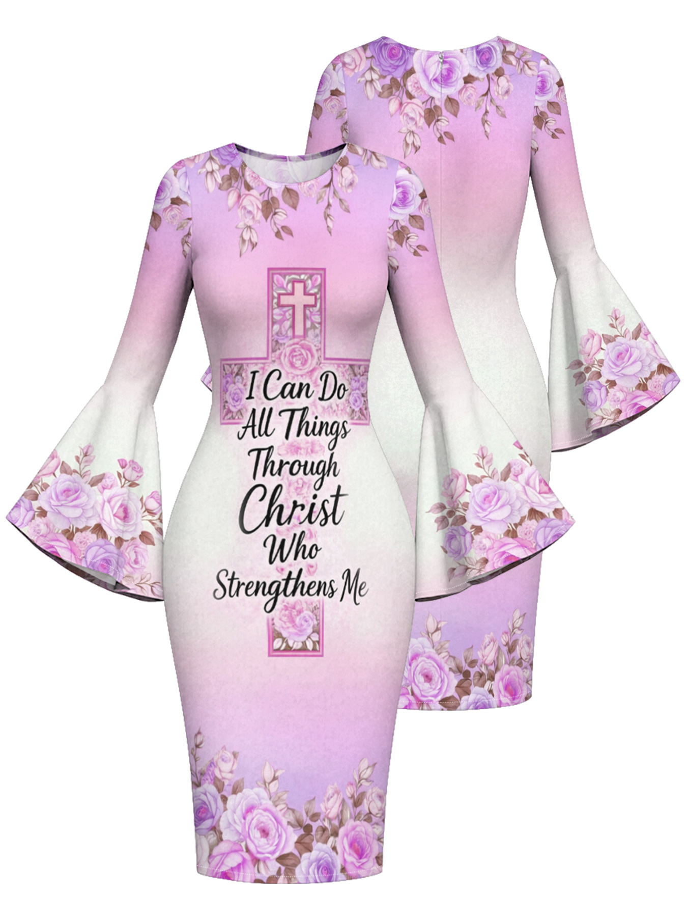 Floral Cross Scripture Easter Flare Sleeve Bodycon Midi Dress JHU758