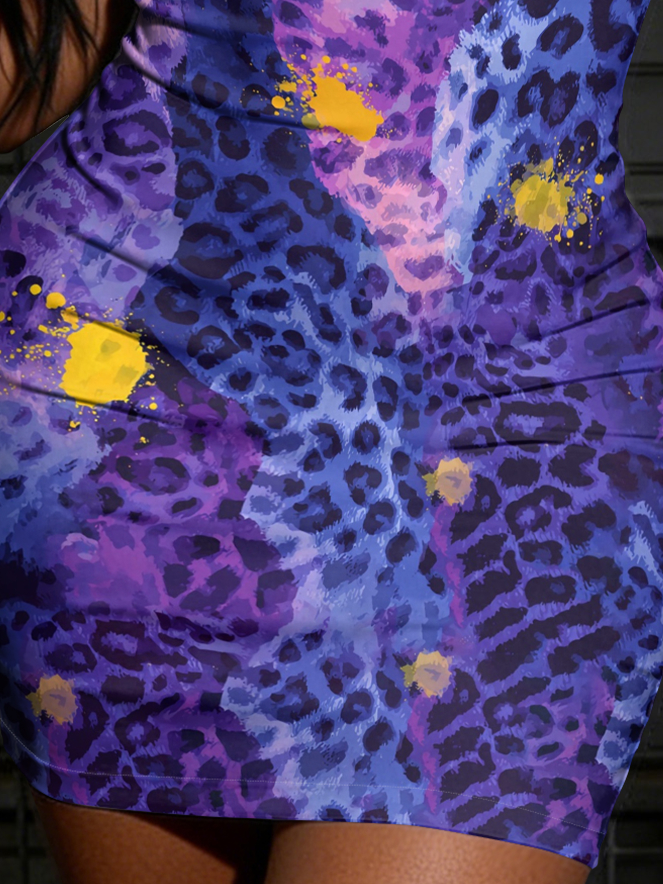 Purple & Yellow Splash Leopard U-neckline Bodycon Mini Dress XVUT36
