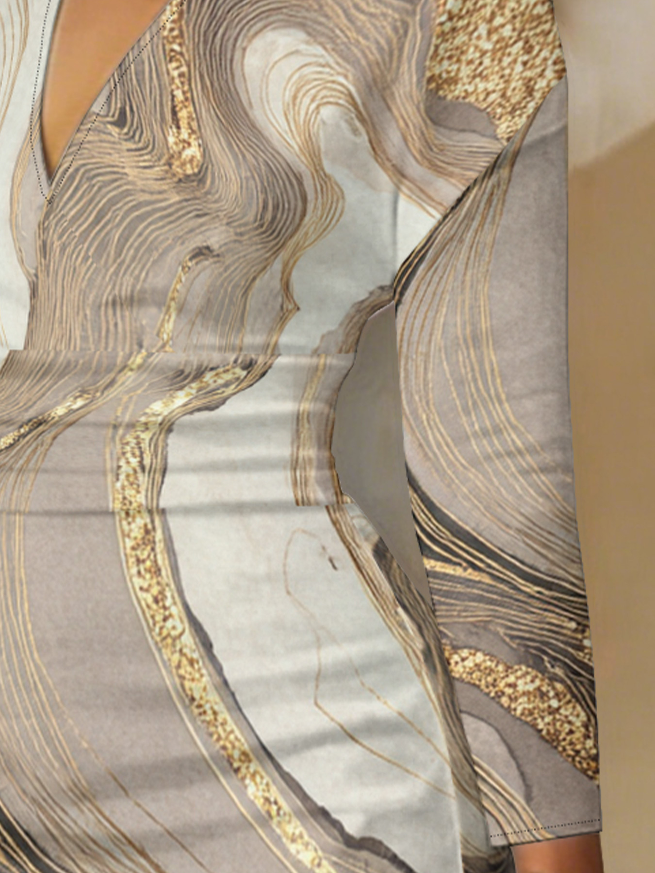 Neutral Gold Wave V-Neck Bodycon Midi Dress