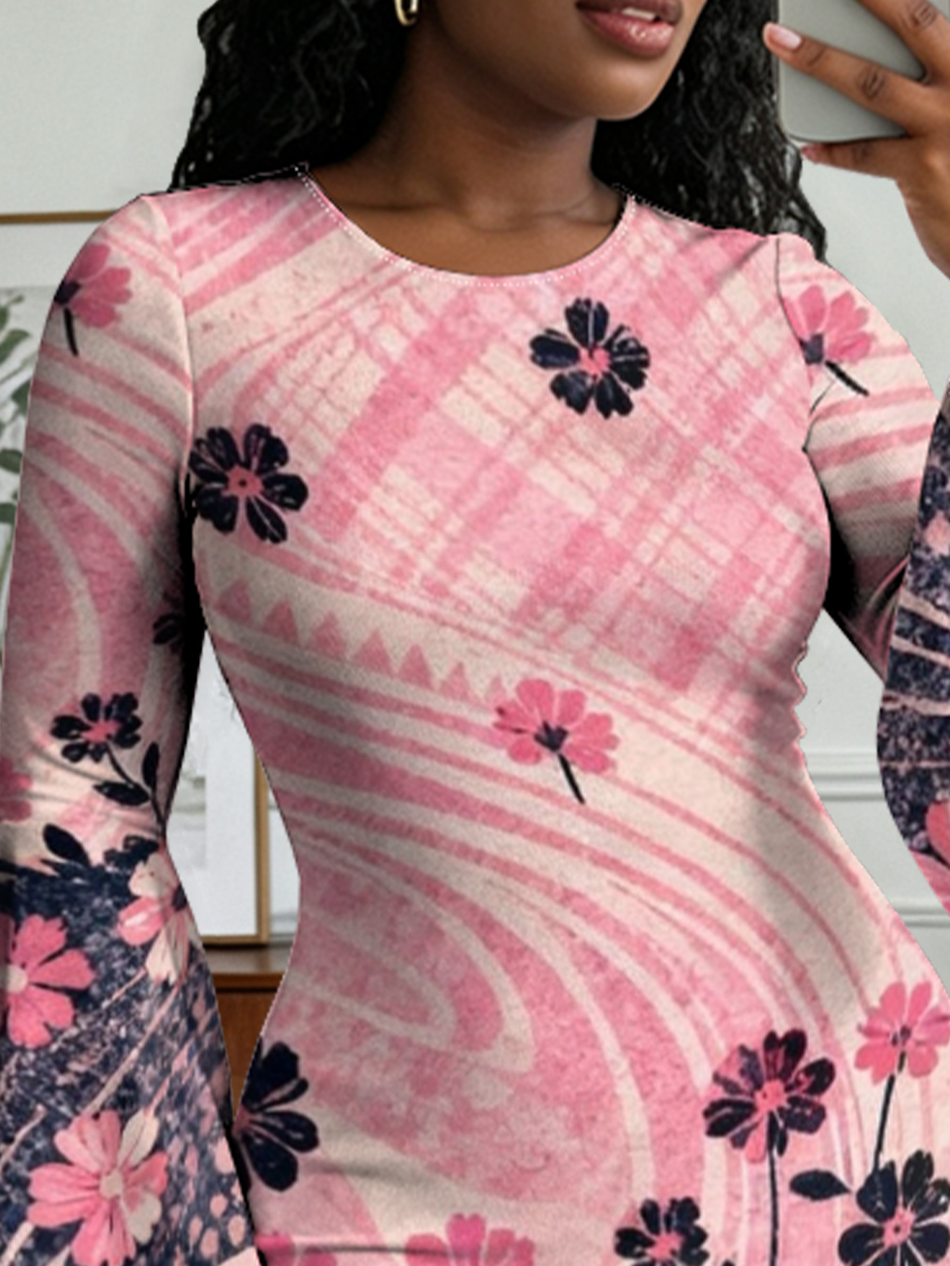 Pink Navy Floral Flare Sleeve Bodycon Midi Dress RQP531