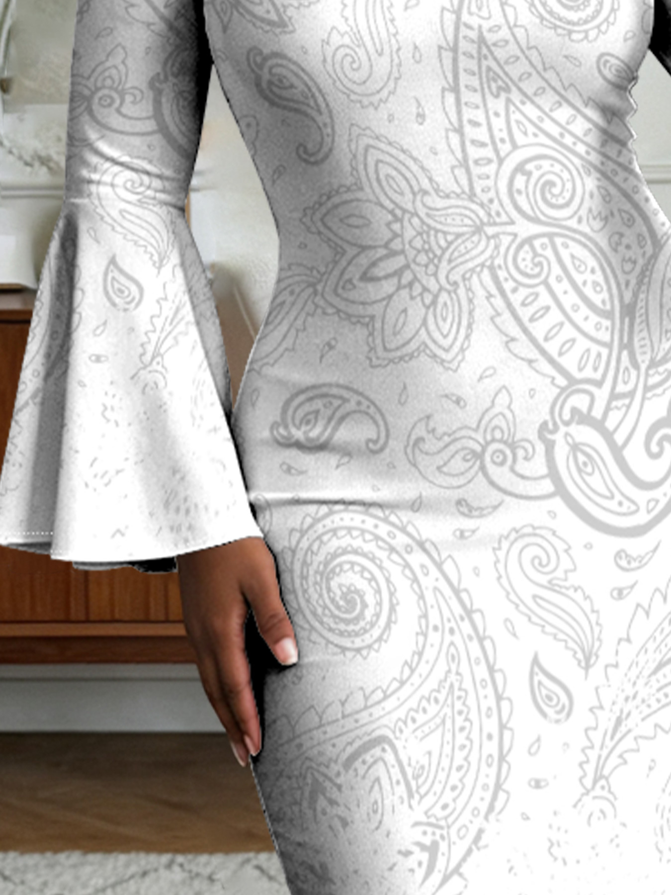 White Gradient Paisley Flare Sleeve Bodycon Midi Dress