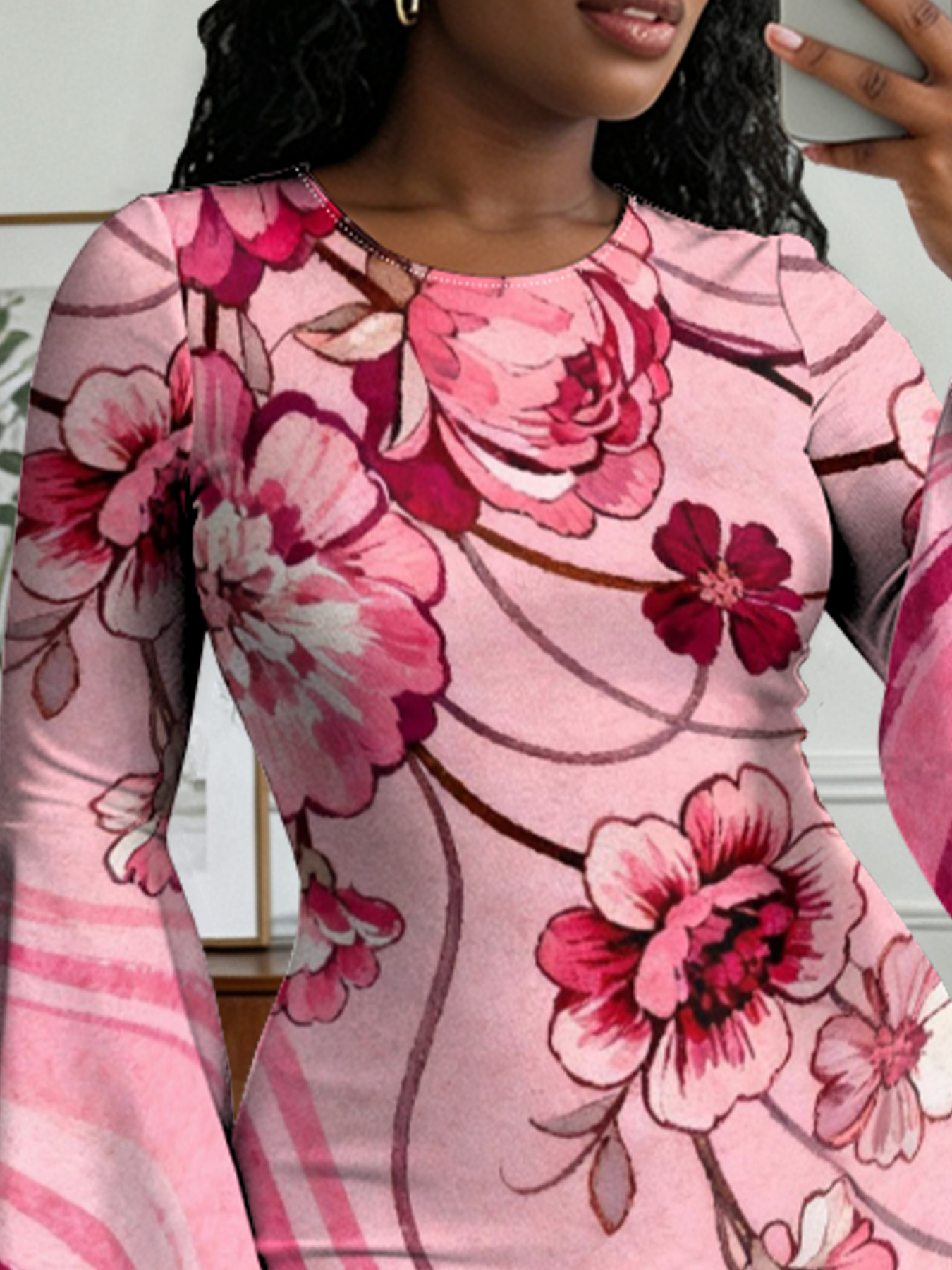 Pink Floral Wave Flare Sleeve Bodycon Midi Dress