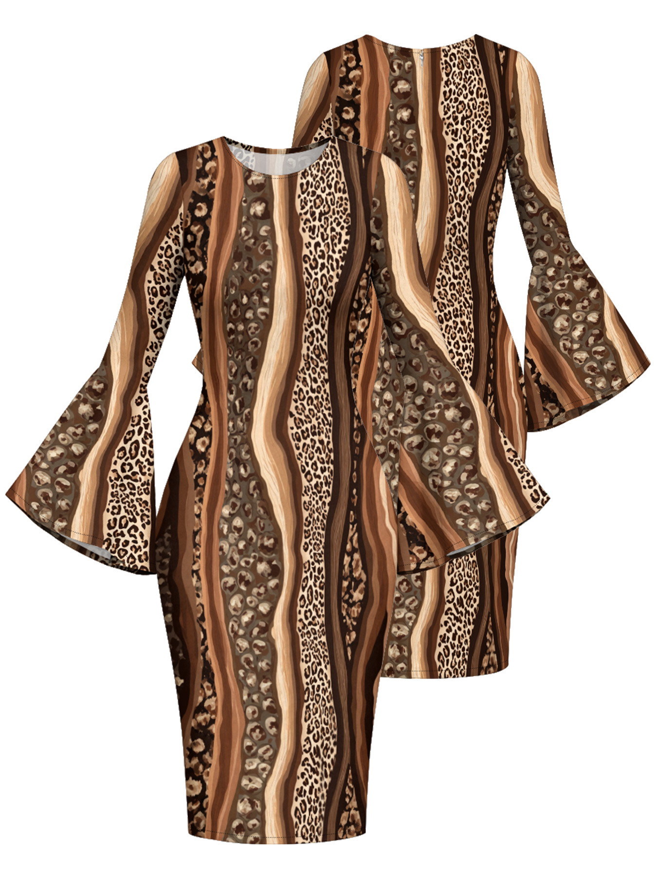 Brown Stripe & Leopard Print Bell Flare Sleeve Bodycon Midi Dress