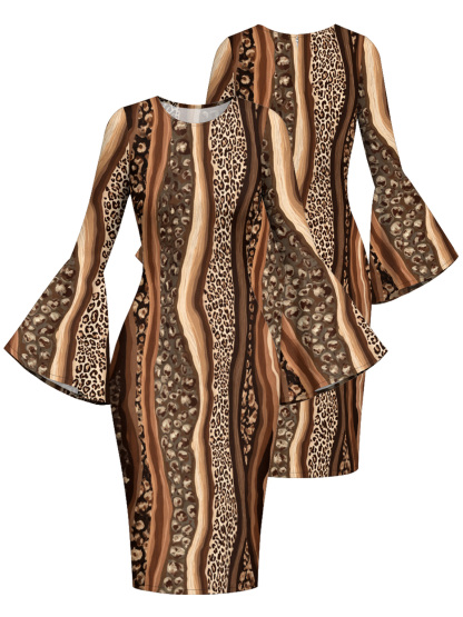 Brown Stripe & Leopard Print Bell Flare Sleeve Bodycon Midi Dress