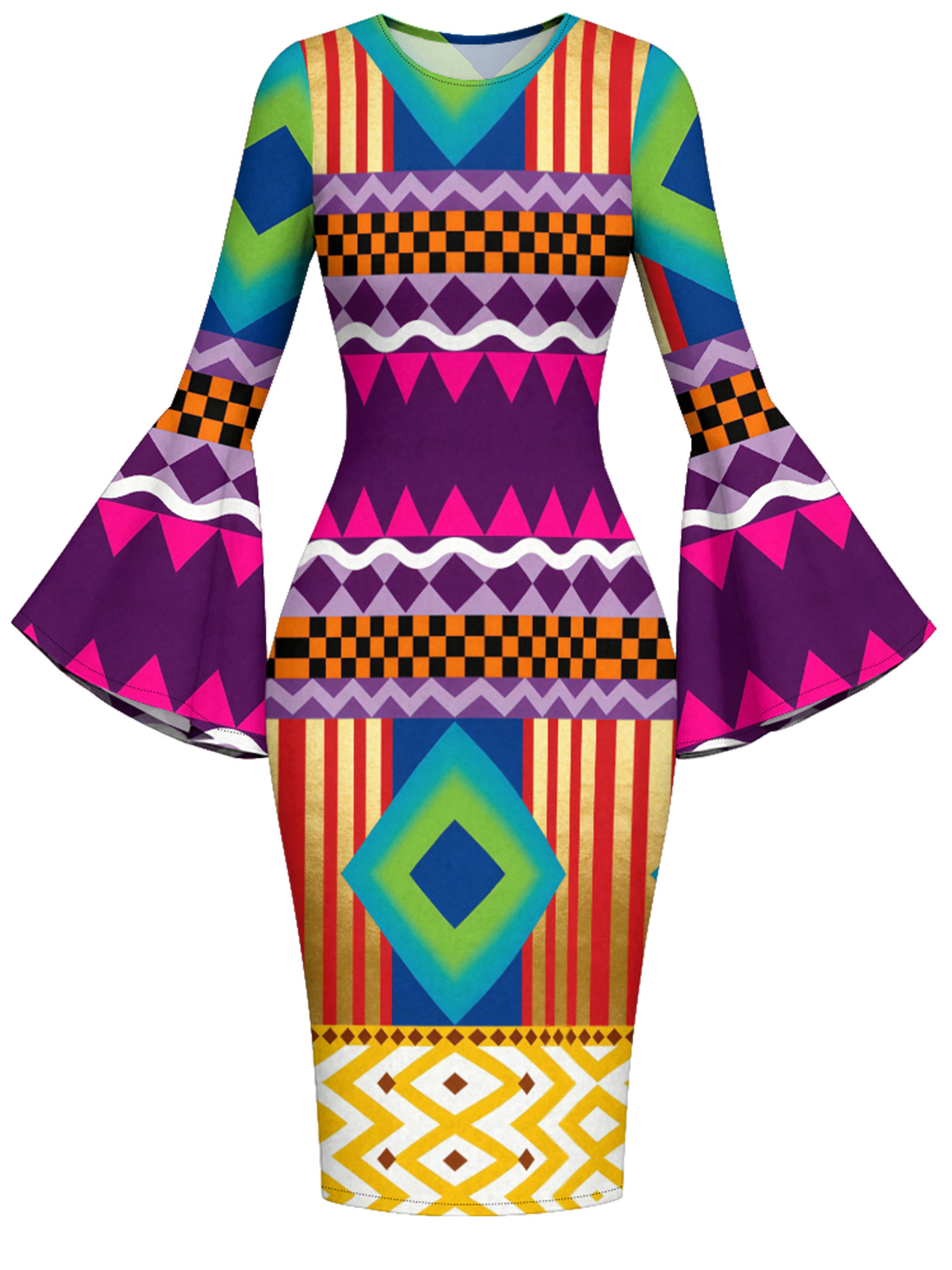 Vibrant African Geometric Easter Flare Sleeve Bodycon Midi Dress