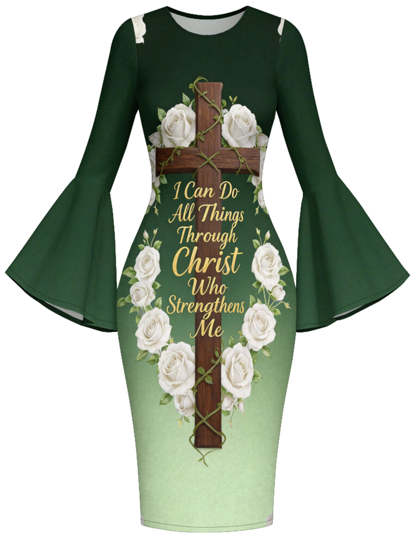 Ombre Green Christian Cross Easter Flare Sleeve Bodycon Midi Dress