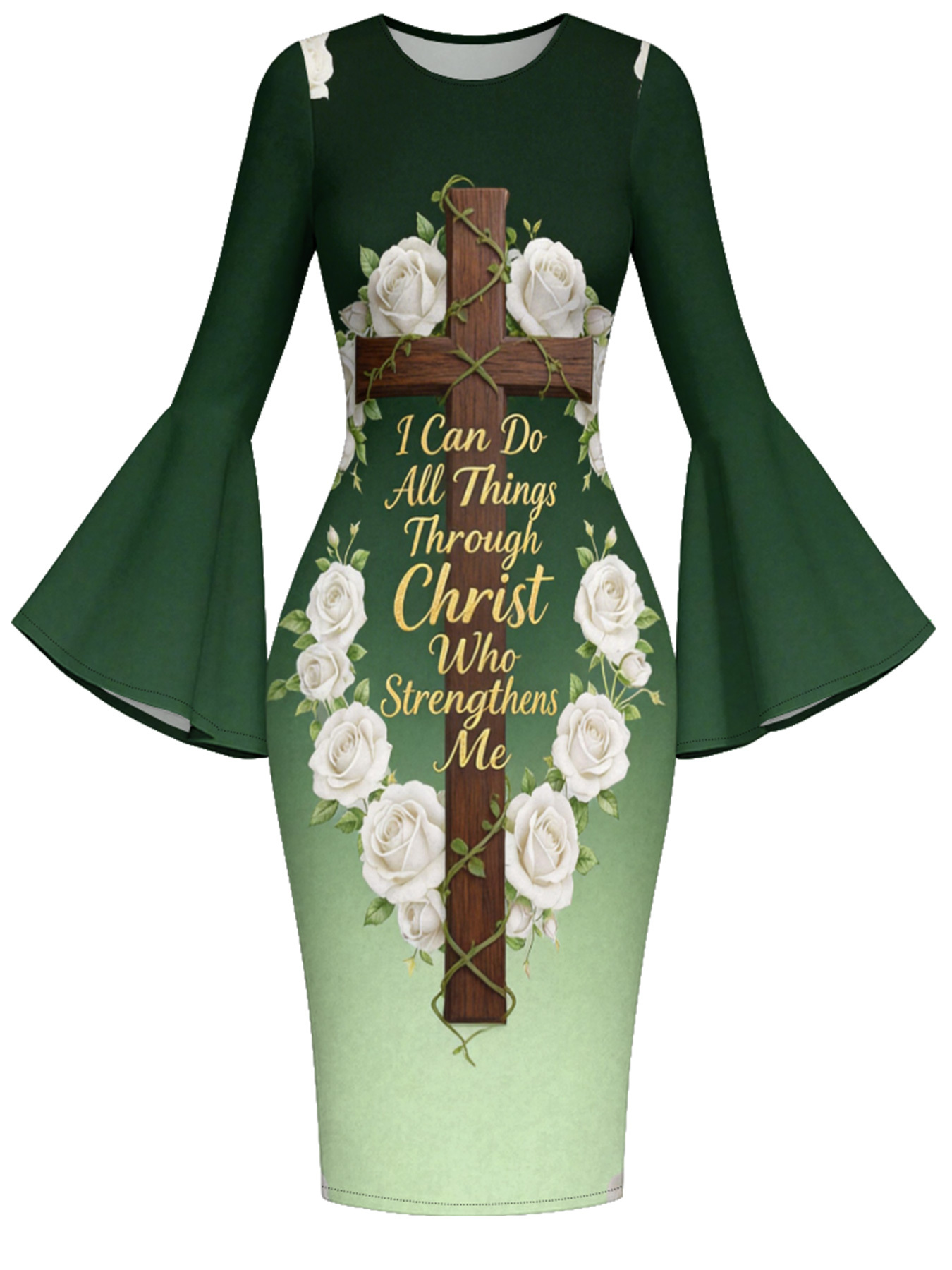 Ombre Green Christian Cross Easter Flare Sleeve Bodycon Midi Dress